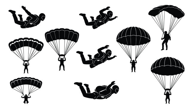 Detailed black silhouettes of skydivers performing various aerial maneuvers with open and closed parachuting gear sets