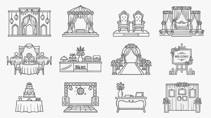 Obraz premium Industrial Style Black and White Line Drawing Illustrations of Wedding and Event Decorations Furniture and Setups