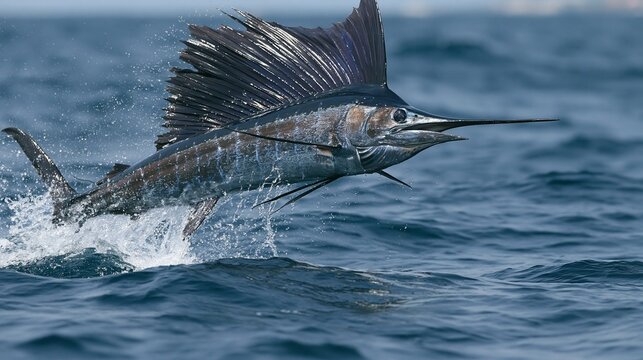 Flying sailfish jumping out of ocean water in bright daylight