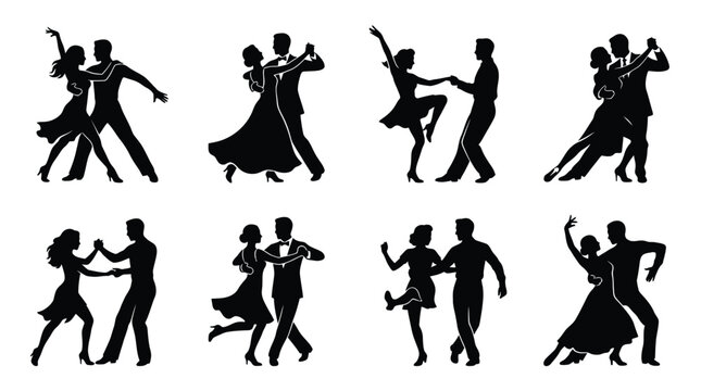 Elegant ballroom dancers performing various classic dance steps in high contrast black and white vector art