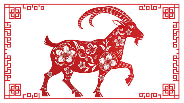 Red goat with floral patterns and chinese design elements on white background transparent background