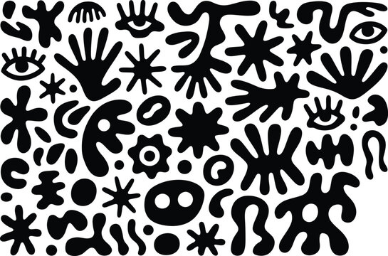 Abstract Organic Blob Shapes and Hand Drawn Symbols Vector Set, Modern Minimal Design