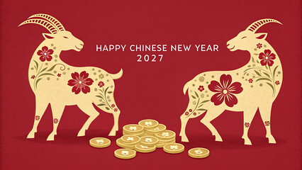 Fototapeta premium Chinese New Year 2027 celebration with goats and coins on red background cultural festive design transparent background