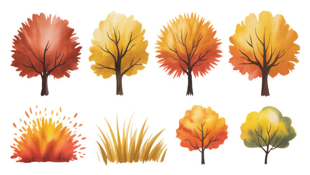 Colorful autumn trees with falling leaves and flowers illustration Vector