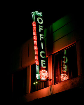 The Office Bar neon sign at night, San Diego, California