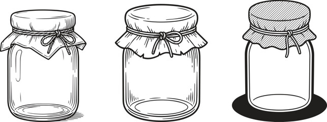  empty glass jars with lids and fabric covers in black and white line art vector  illustration.  © jobaida