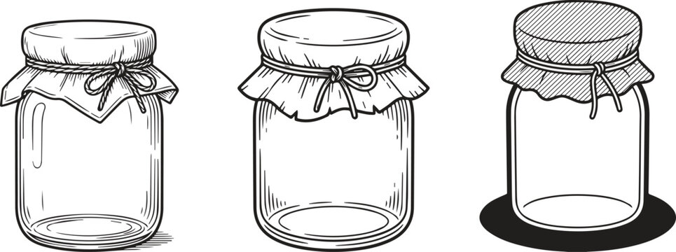  empty glass jars with lids and fabric covers in black and white line art vector  illustration.
