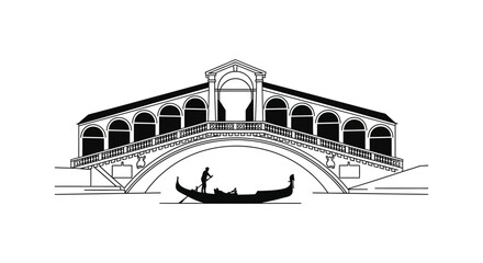Venetian Canal Scene With Gondola And Bridge Black And White Silhouette © MDAbujafor