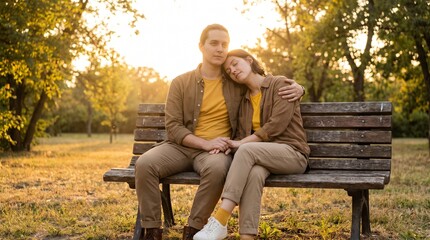 Fototapeta premium Couple Sitting on Park Bench Holding Hands at Sunset