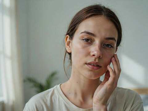 Woman touching face with thoughtful expression