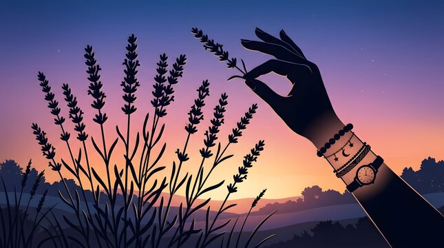 A hand picking fresh purple foxtail millet flowers in a beautiful field during a colorful summer sunset time