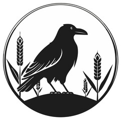 Naklejka premium Black crow standing in wheat field within a circular frame an elegant monochrome illustration
