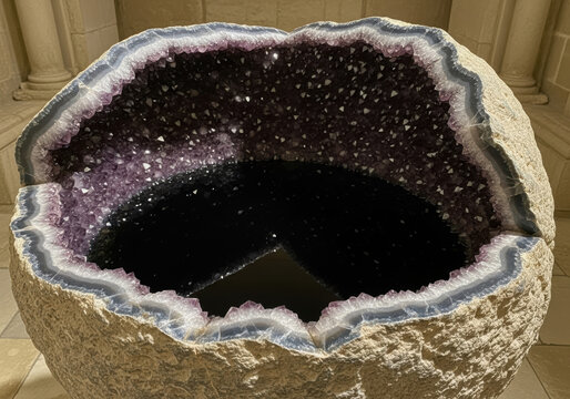Beautiful purple amethyst crystal geode stone on a white background