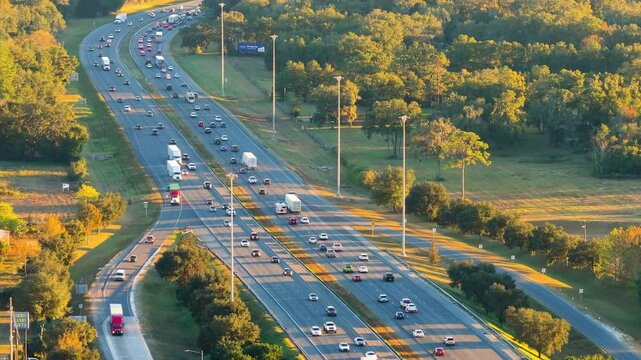 Interstate highway with dense traffic and complex road engineering. Aerial freeway infrastructure showing car transportation system.
