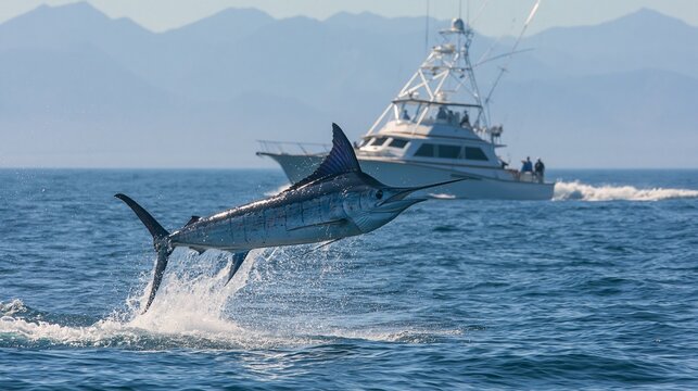 Blue Marlin Jumping Near Fishing Boat in Open Ocean with Mountains Background