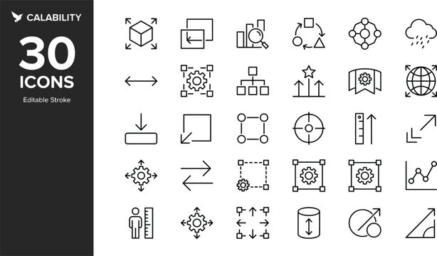 Scalability Line Icon Set with Editable Stroke Featuring Data Growth Business Expansion Cube Measurement and Size Configuration Symbols for Web Graphic Design
