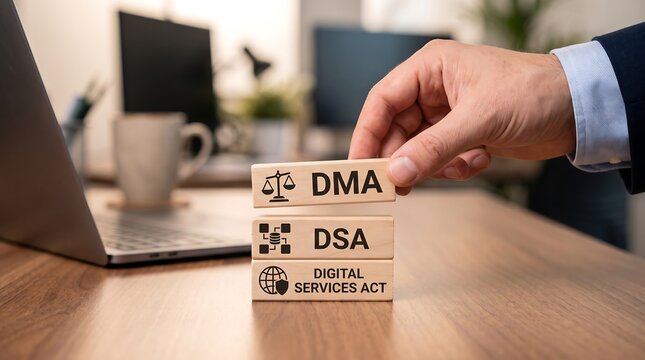 Businessman placing wooden blocks with digital service act and data protection icons on office desk next to laptop computer  regulation concept