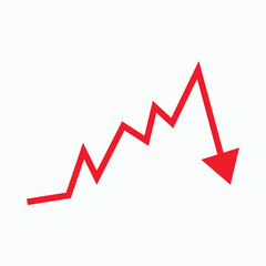 Obraz premium Red zigzag graph with arrow pointing down showing financial crisis concept, stock market recession, business decline, economic collapse, vector illustration isolated on white background for design.