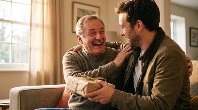 Son gives father a surprise gift and they share a happy moment together