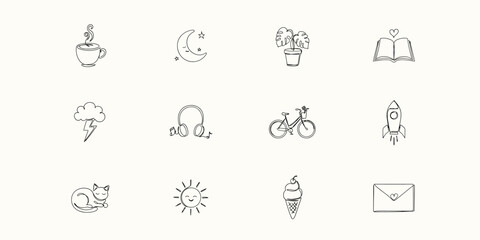 Fototapeta premium A collection of twelve hand-drawn doodle featuring a coffee cup, crescent moon, potted plant, open book, lightning, and bicycle