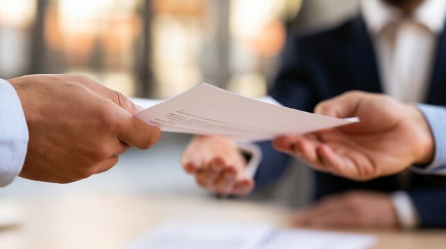 Business professional handing over important document in modern office setting