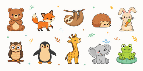 Fototapeta premium Cute animal doodle set featuring of bear, fox, sloth, hedgehog, rabbit, owl, penguin, giraffe, elephant, and frog characters
