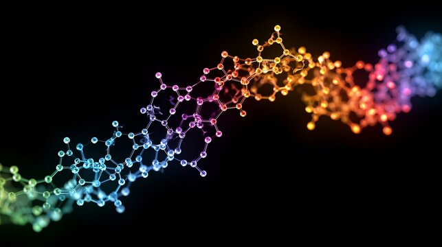 Colorful molecular structure with glowing atoms on dark background