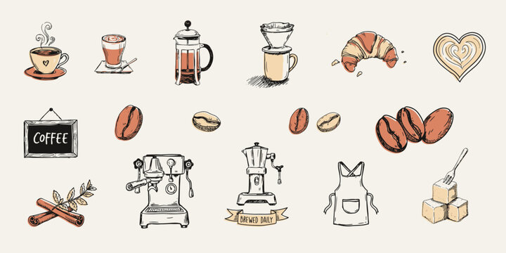 Hand-drawn coffee shop doodle collection featuring espresso machine, french press, coffee beans, croissant, and sugar cubes on beige