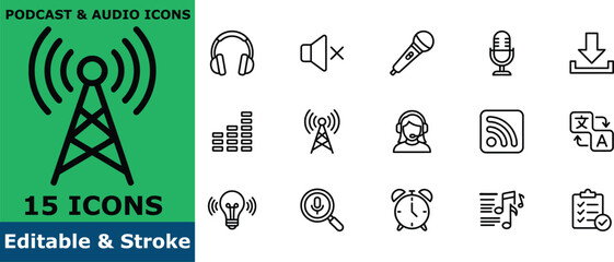 Naklejka premium Podcast and audio communication icon set, 15 vector outline pictograms of sound recording, broadcast, microphone, and multimedia symbols for digital content 