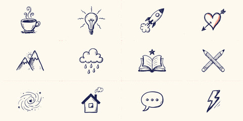 Fototapeta premium Set of twelve hand-drawn doodle featuring coffee, lightbulb, rocket, heart, mountains, rain cloud, open book, pencils, and galaxy