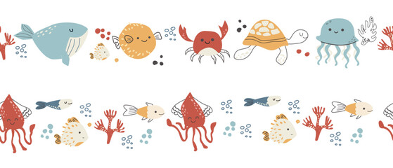 Cute tropical jellyfish and whale, crab border pattern in doodle scandinavian style. Hand drawn vector illustration of sea creatures and plants, corals, underwater inhabitants. Kids nursery border pat © ZhumaStudio