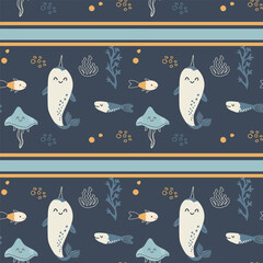 Cute kids narwhal seamless pattern in doodle scandinavian style on dark background. Hand drawn vector illustration of sea creatures and plants, corals, stripes. Kids nursery design. © ZhumaStudio