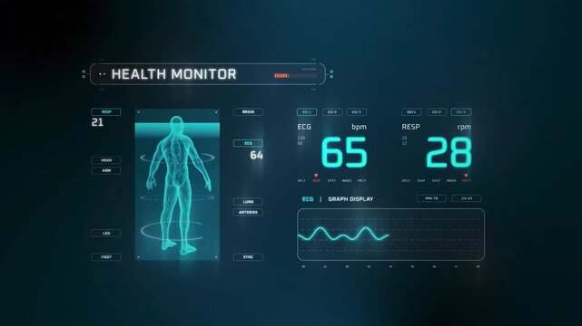 Futuristic medical HUD interface showing health monitoring, ECG graph, vital signs, heart detailed analysis and digital anatomy data display, 4k video.