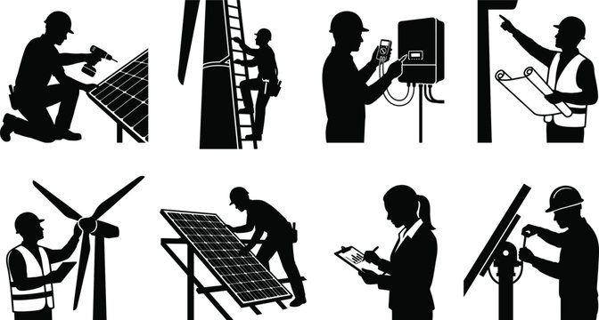 Set of black silhouettes showing renewable energy technicians working with solar panels and wind turbines