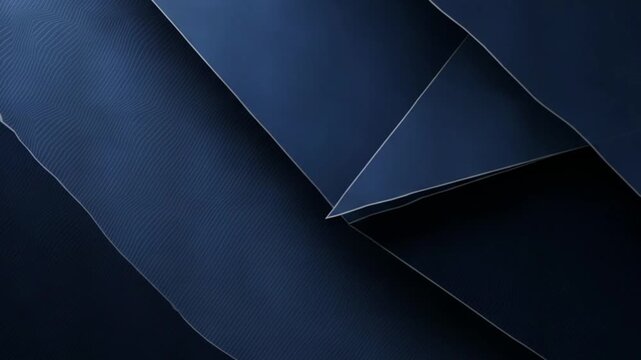 Abstract dark blue geometric background with layered paper shapes and soft light edges 4K video
