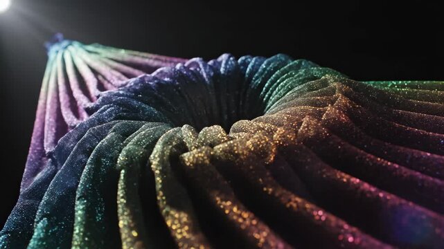 Mesmerizing Rainbow Glitter Fabric Transformation in Dark Setting.