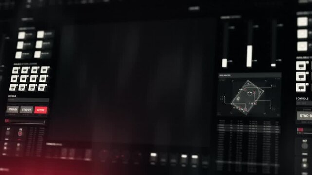 Futuristic sci-fi control panel interface with digital data radar scanning, cyber security drive error warning and computer network analysis HUD