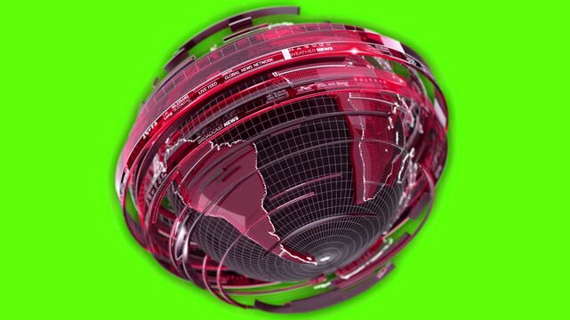 Rotating Futuristic Digital Earth Globe on Green Screen Chroma Key Background in 4K. Professional 4K animation of a rotating futuristic digital Earth globe with red holographic broadcast graphics