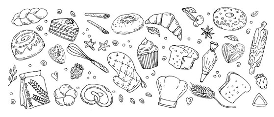 Doodle set of bakery elements and kitchen items isolated on white background. Vector illustration of cooking utensils, cook hat, chef tools, hand-drawn outline pastry, bread and berry for culinary. © ZhumaStudio