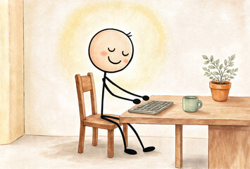 Fototapeta premium Stick figure sitting on a chair typing on a keyboard at a wooden table. Watercolor illustration.