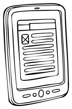 Black and white hand drawn illustration of an e reader device displaying document