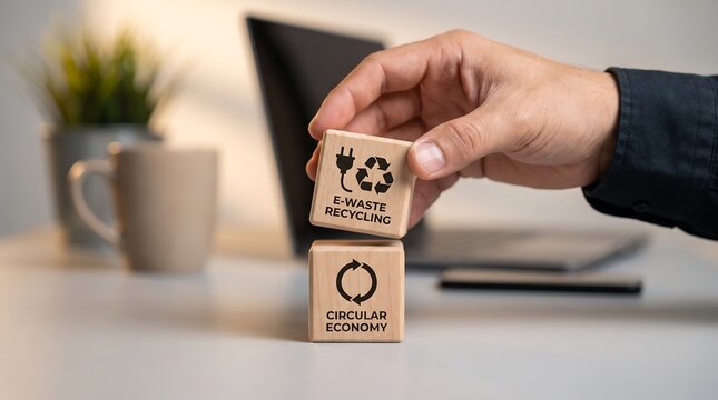 Hand holding wooden block with ewaste recycling symbol on desk with laptop and plant