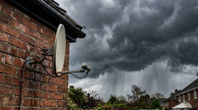 Satellite dish mounted on brick wall with heavy rain and dark storm clouds overhead