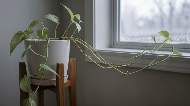Leggy golden pothos houseplant in a white ceramic pot on a wooden stand reaching for sunlight by a frosty window during winter.