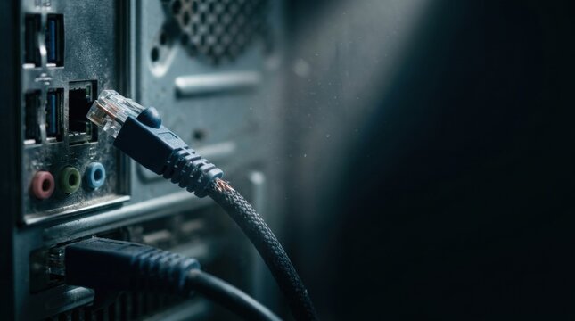 Close up of Ethernet cables being plugged into ports on the back of a computer