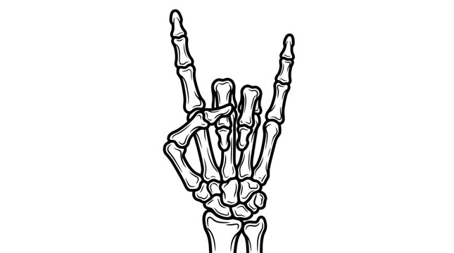 Hand drawn skeletal anatomy illustration of a human hand performing the rock and roll devil horn gesture in monochrome line art style