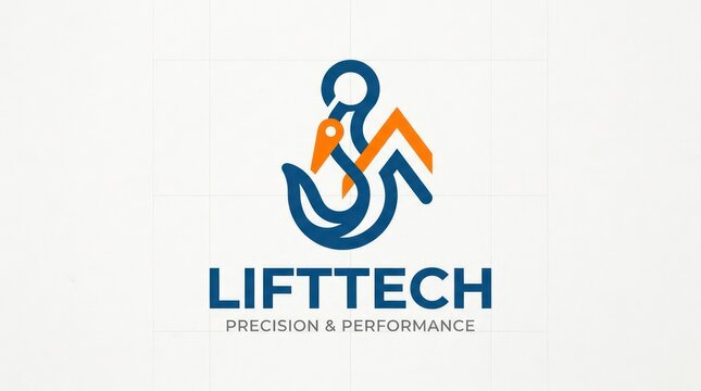 Minimalist logo design for heavy machinery company featuring blue crane hook and orange arrow.