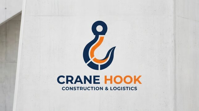 Corporate logo design featuring stylized crane hook on textured concrete wall background view.