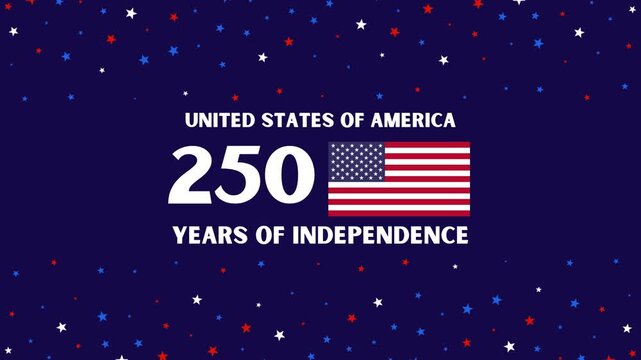 United States of America 250 years of independence celebration looping banner. USA semiquincentennial 1776 to 2026 anniversary motion graphic with American flag and flashing stars background.