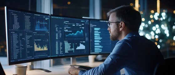 Fototapeta premium Businessman analyzing data on multiple computer screens at night